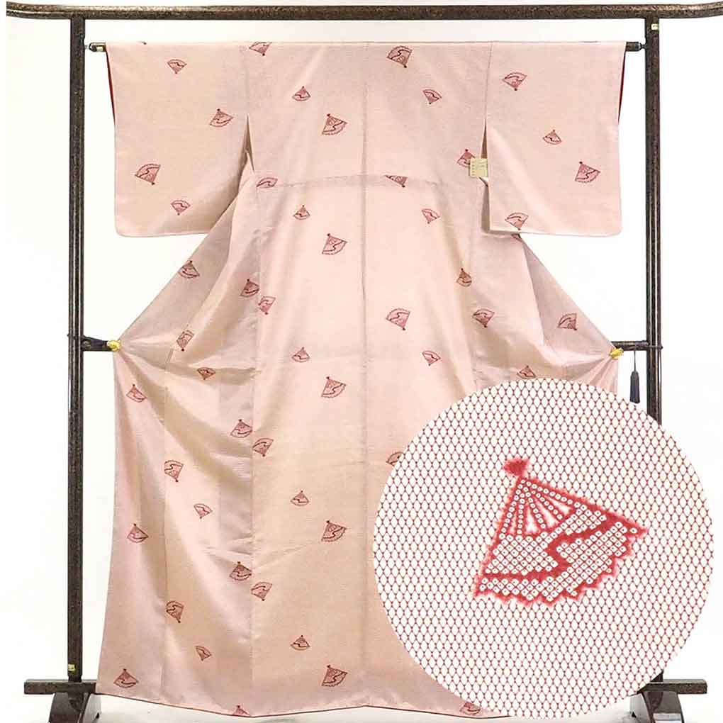 リサイクル着物 小紋正絹扇面柄袷小紋着物 レディース 秋冬春用 シルク ピンク 裄Mサイズ トールサイズ身丈167cm 裄63cm 前幅23cm 後幅28cm 袖丈49cm【ランクA】