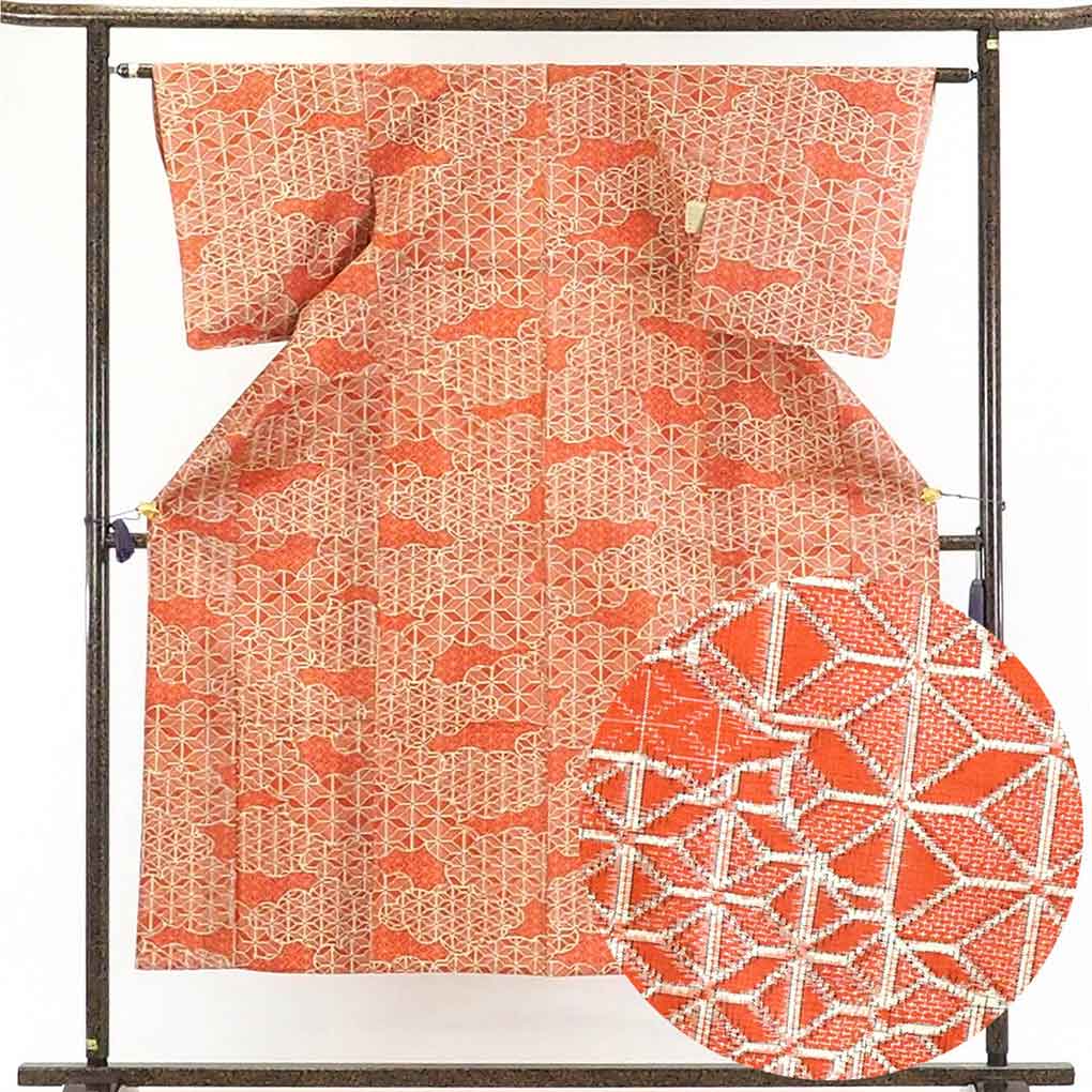 リサイクル着物 紬正絹赤茶地先染単衣紬着物 レディース 秋冬春用 シルク オレンジ 裄Sサイズ身丈149cm 裄61cm 前幅22cm 後幅27cm 袖丈49cm【ランクA】