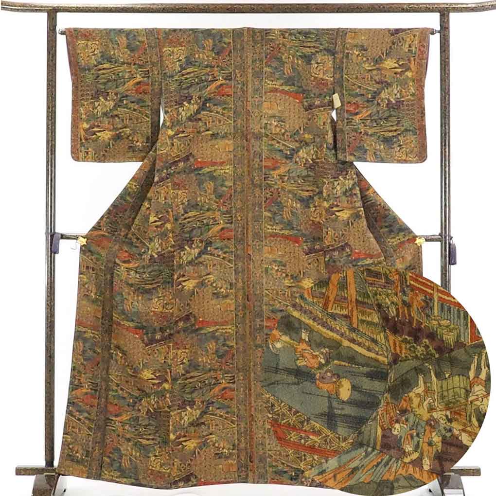 リサイクル着物 小紋正絹茶グリーン地袷小紋着物未使用品 レディース 秋冬春用 シルク ブラウン 裄Mサイズ トールサイズ身丈165cm 裄64cm 前幅25cm 後幅30cm 袖丈49cm【ランクS】