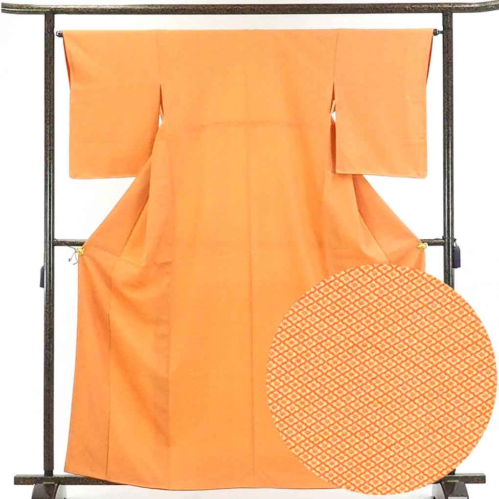 リサイクル着物 小紋正絹オレンジ地花菱柄袷小紋着物未使用品 レディース 秋冬春用 シルク オレンジ 裄Mサイズ トールサイズ身丈165cm 裄64cm 前幅23cm 後幅29.5cm 袖丈53cm【ランクS】