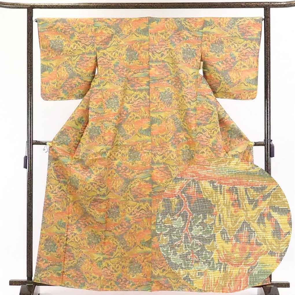 リサイクル着物 紬正絹黄色地先染袷紬着物未使用品 レディース 秋冬春用 シルク イエロー 裄Mサイズ トールサイズ身丈165cm 裄66cm 前幅25cm 後幅31cm 袖丈51cm【ランクS】