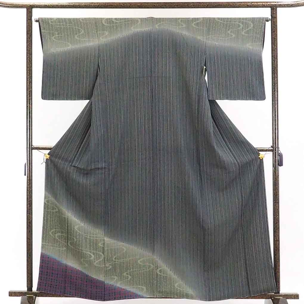 リサイクル着物 訪問着正絹グリーン地縦縞袷訪問着着物未使用品 レディース 秋冬春用 シルク グリーン 裄Mサイズ トールサイズ身丈164cm 裄64cm 前幅24cm 後幅30cm 袖丈49cm【ランクS】