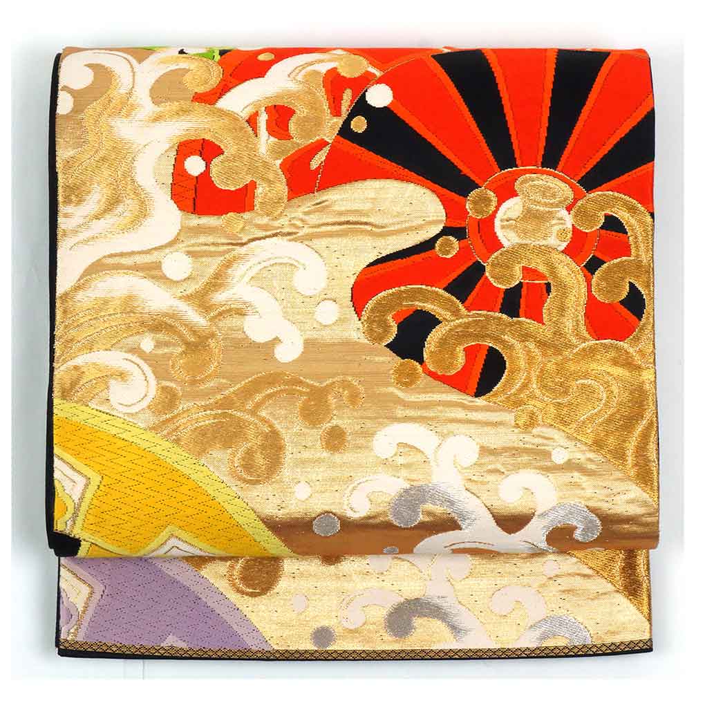 リサイクル帯 袋帯正絹黒地波頭御所車模様袋帯 レディース 秋冬春用 シルク ブラック フリーサイズ幅30cm 長さ420cm【ランクA】