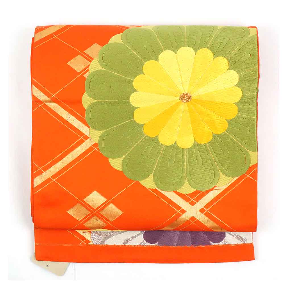 リサイクル帯 袋帯正絹朱赤地花柄六通柄袋帯 レディース 秋冬春用 シルク オレンジ フリーサイズ幅30.5cm 長さ418cm【ランクB】