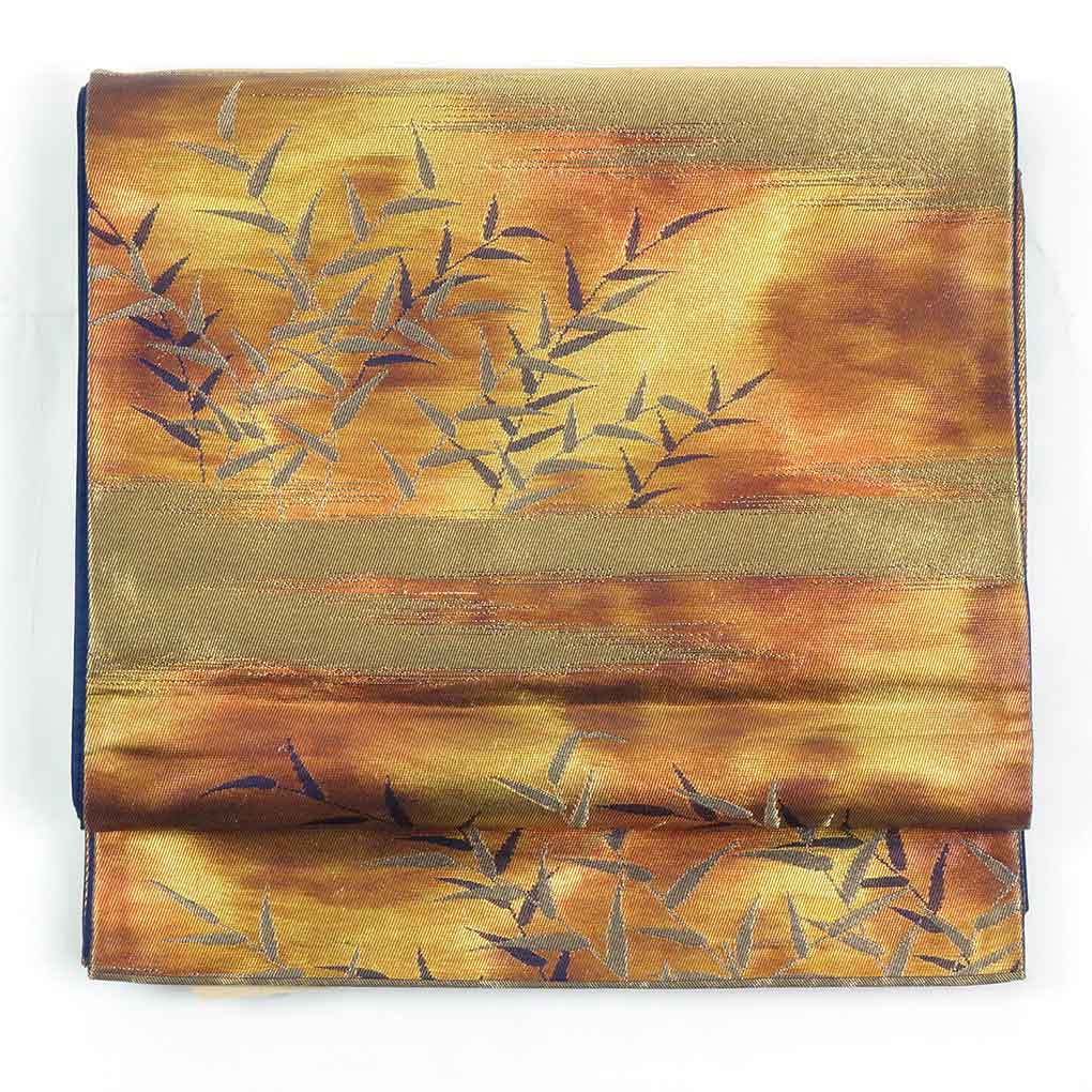 リサイクル帯 袋帯正絹金糸笹柄六通袋帯 レディース 秋冬春用 シルク ゴールド フリーサイズ幅30cm 長さ415cm【ランクA】