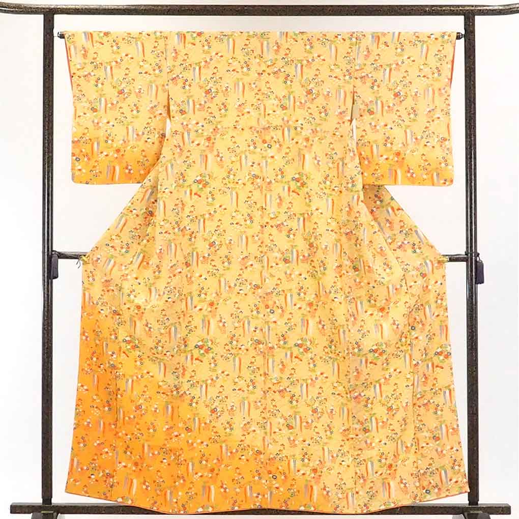 【セール対象品】リサイクル着物 訪問着正絹黄色地袷訪問着着物 レディース 秋冬春用 シルク イエロー 裄Mサイズ身丈162cm 裄64cm 前幅22.5cm 後幅30cm 袖丈52cm【ランクA】