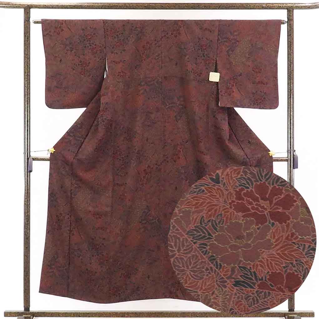 リサイクル着物 小紋正絹茶色地花柄袷小紋着物 レディース 秋冬春用 シルク ブラウン 裄Mサイズ身丈155cm 裄64cm 前幅22.5cm 後幅30cm 袖丈49cm【ランクA】