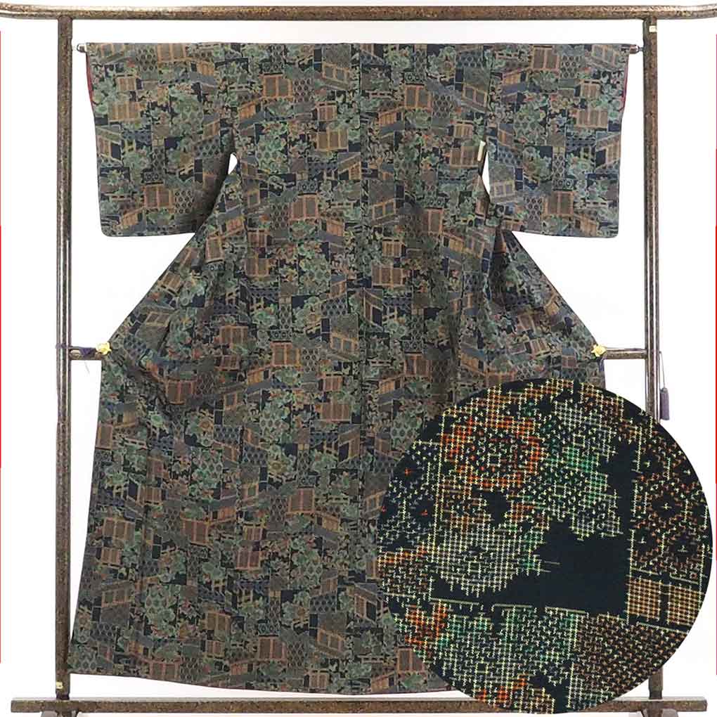 リサイクル着物 紬正絹黒地先染袷紬着物 レディース 秋冬春用 シルク ブラック 裄Mサイズ身丈159cm 裄64cm 前幅24cm 後幅30cm 袖丈49cm【ランクA】