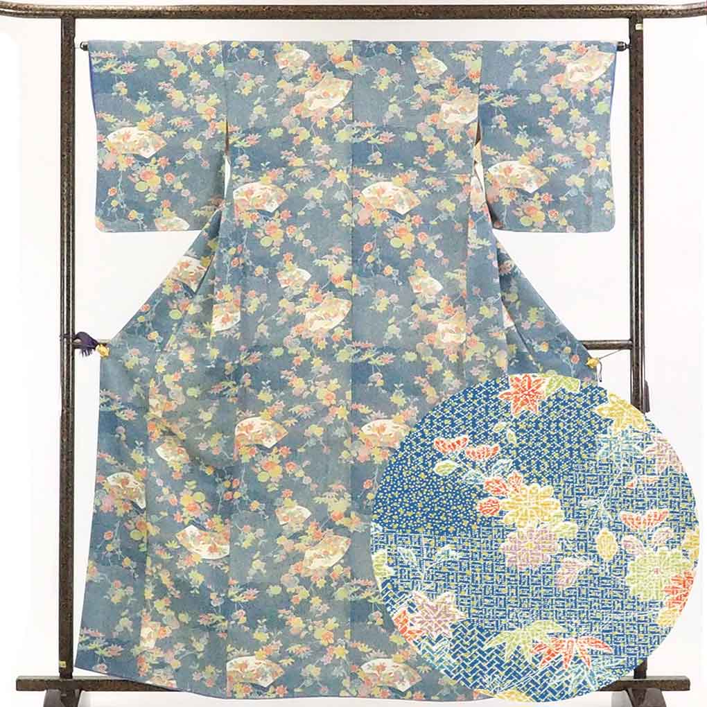 リサイクル着物 小紋正絹ブルー地扇面柄袷小紋着物 レディース 秋冬春用 シルク ブルー 裄Mサイズ身丈163cm 裄64cm 前幅22.5cm 後幅30cm 袖丈48cm【ランクA】