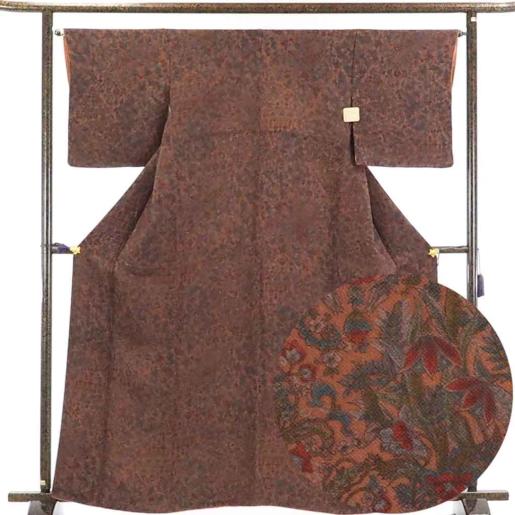 リサイクル着物 小紋正絹茶色地花柄袷小紋着物 レディース 秋冬春用 シルク ブラウン 裄Mサイズ身丈165cm 裄65cm 前幅24cm 後幅30cm 袖丈48cm【ランクA】