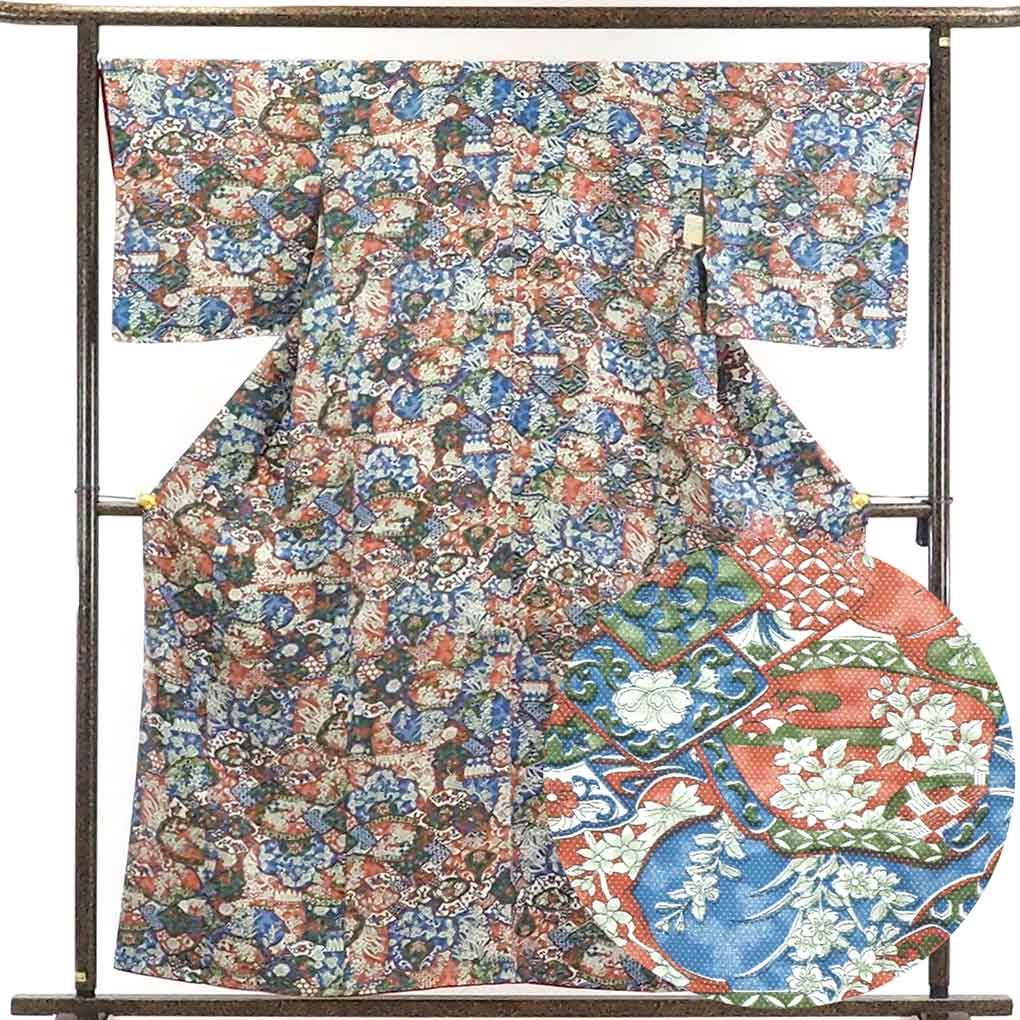 リサイクル着物 小紋正絹花柄袷小紋着物未使用品 レディース 秋冬春用 シルク ブルー 裄Lサイズ身丈159cm 裄68cm 前幅24cm 後幅28cm 袖丈48cm【ランクS】