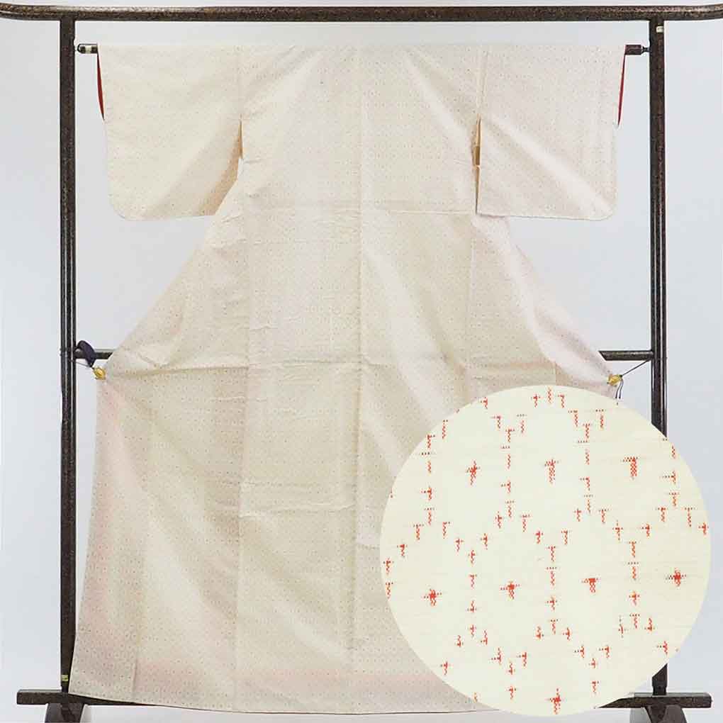 リサイクル着物 紬正絹白地亀甲柄袷紬着物 レディース 秋冬春用 シルク ホワイト 裄Sサイズ トールサイズ身丈165cm 裄62cm 前幅24cm 後幅28cm 袖丈45cm【ランクB】