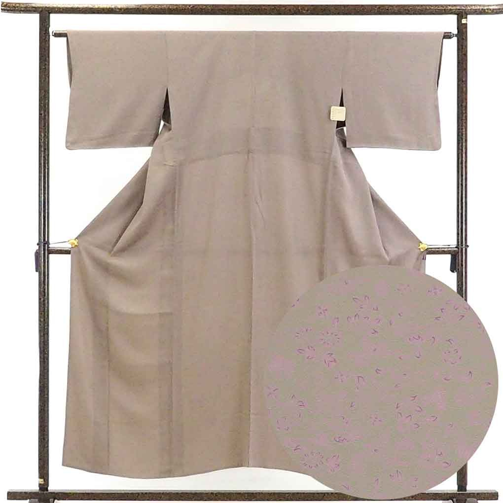 リサイクル着物 小紋正絹茶色地小花柄単衣小紋着物 レディース 初夏・初秋用 シルク ブラウン 裄Mサイズ身丈155cm 裄63cm 前幅23cm 後幅29cm 袖丈42cm【ランクB】