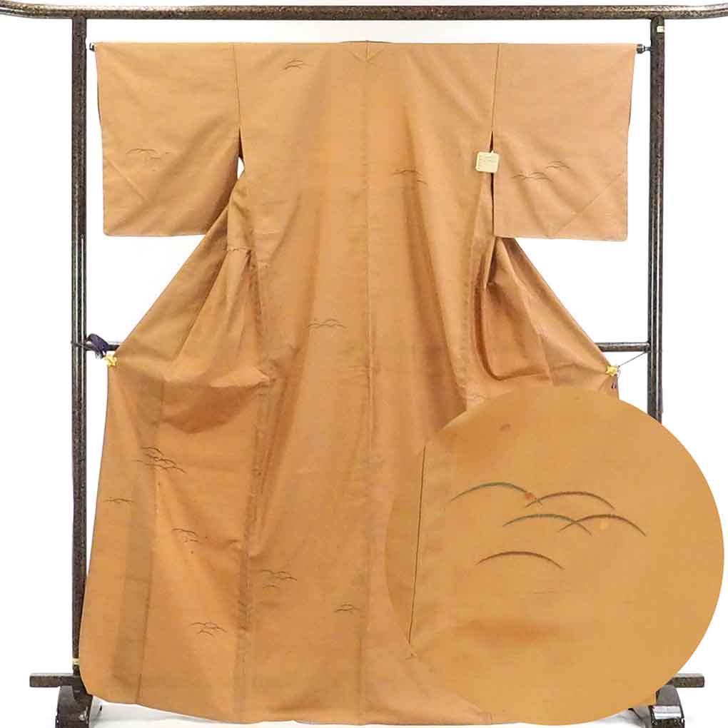 リサイクル着物 紬正絹金茶紬地単衣付下訪問着着物 レディース 初夏・初秋用 シルク ブラウン 裄Mサイズ トールサイズ身丈171cm 裄65cm 前幅26cm 後幅30cm 袖丈49cm【ランクA】