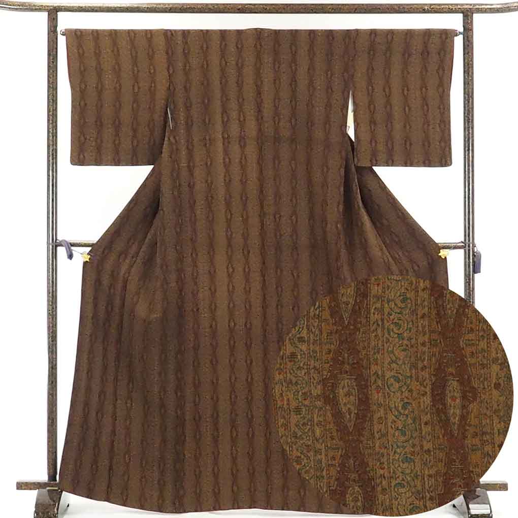 リサイクル着物 小紋正絹焦茶地袷小紋着物 レディース 秋冬春用 シルク ブラウン 裄Mサイズ トールサイズ身丈169cm 裄65cm 前幅27.5cm 後幅31cm 袖丈49cm【ランクA】