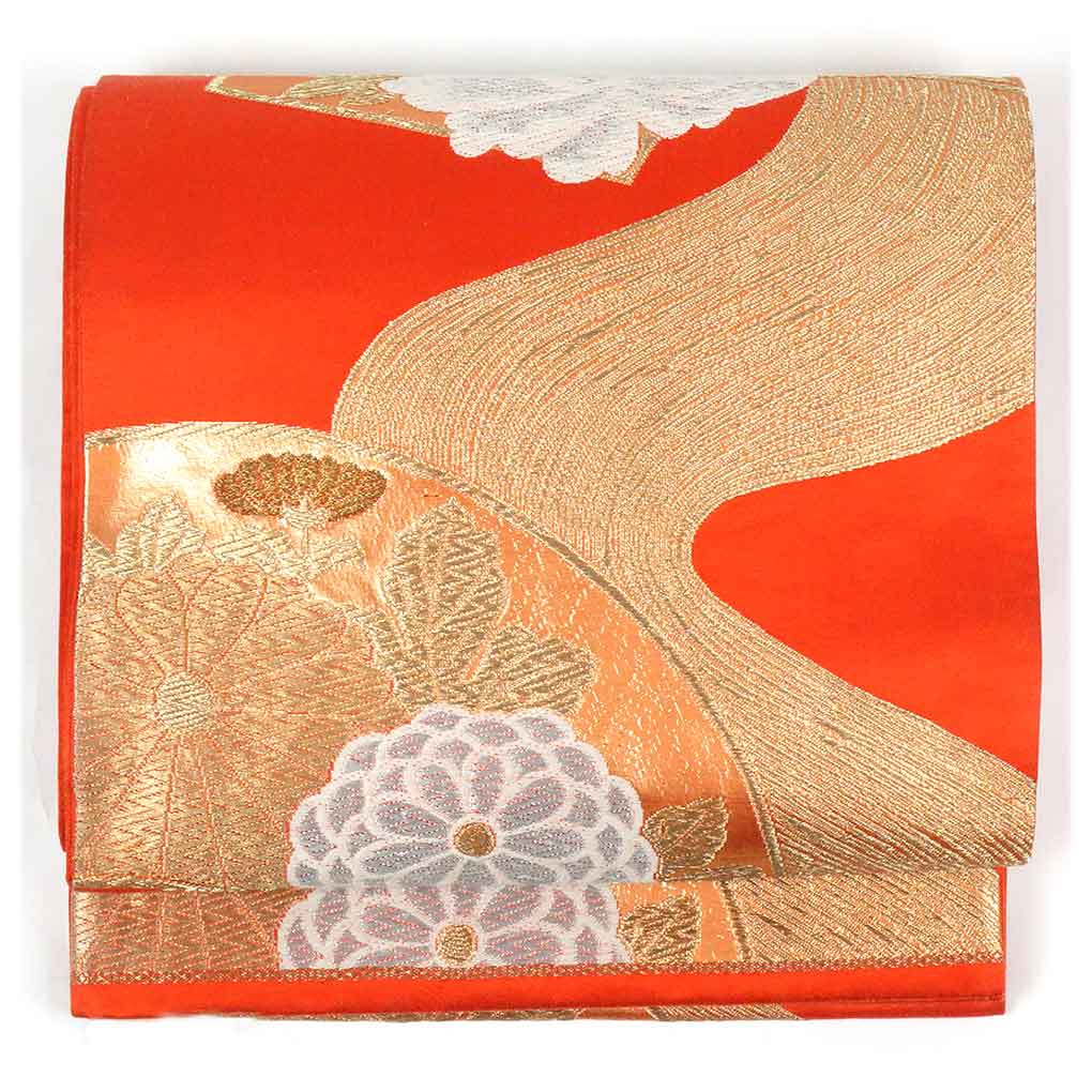 リサイクル帯 袋帯正絹赤地花柄六通袋帯 レディース 秋冬春用 シルク レッド フリーサイズ幅30cm 長さ420cm【ランクB】