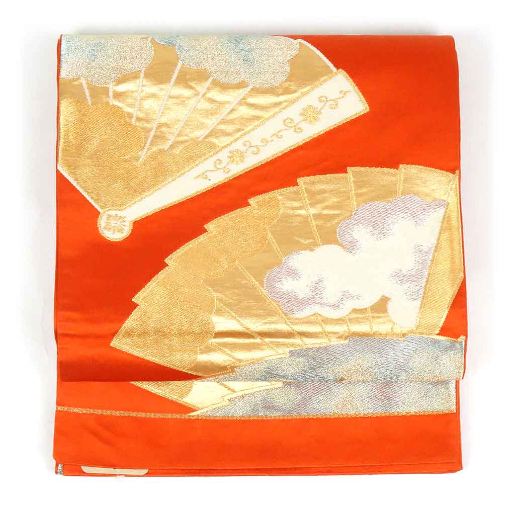 リサイクル帯 袋帯正絹朱赤地扇面柄六通袋帯 レディース 秋冬春用 シルク オレンジ フリーサイズ幅30cm 長さ414cm【ランクA】