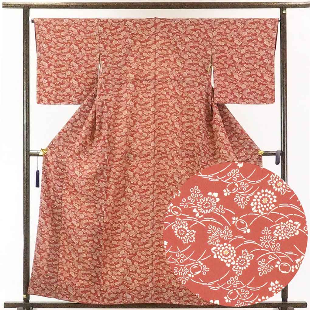 リサイクル着物 小紋正絹茶ローズ地花柄袷小紋着物未使用品 レディース 秋冬春用 シルク ブラウン 裄Mサイズ トールサイズ身丈159cm 裄66cm 前幅25cm 後幅30cm 袖丈48cm【ランクS】