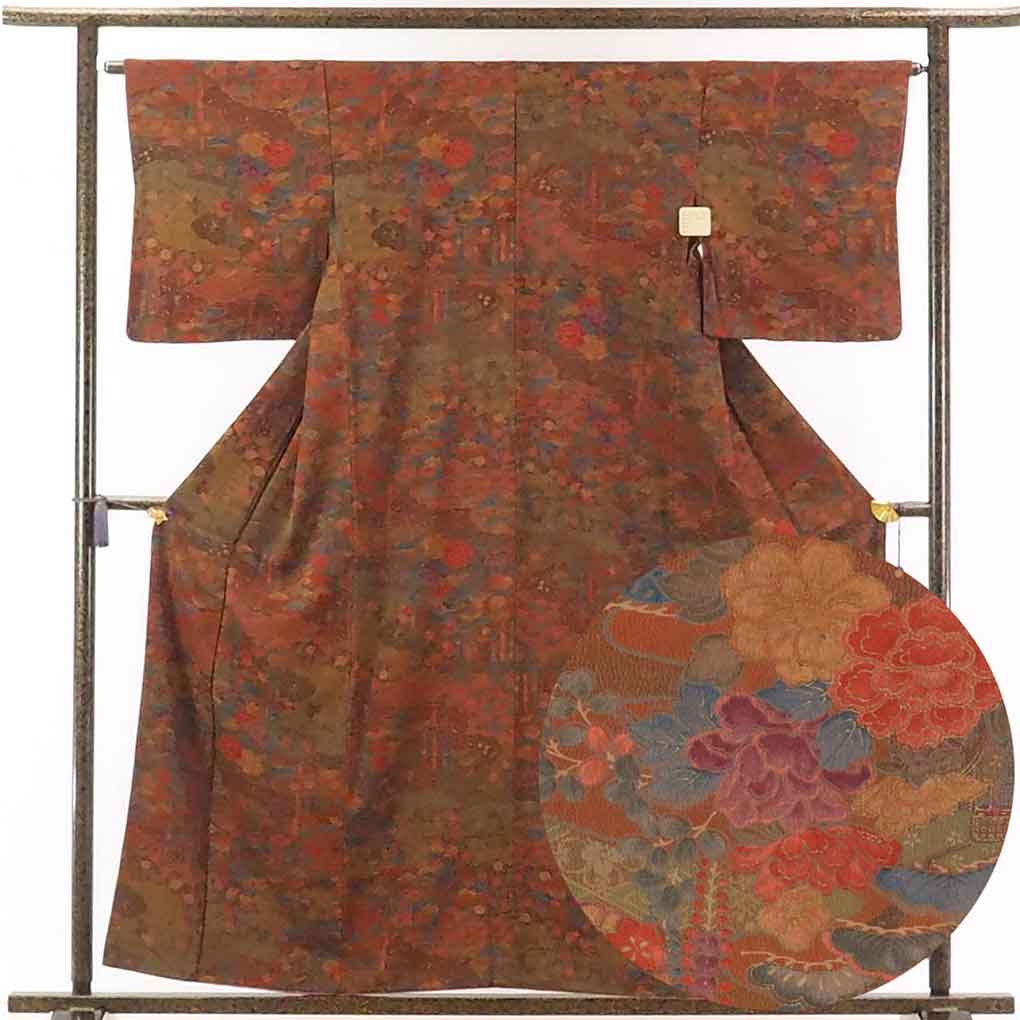 リサイクル着物 小紋正絹赤茶地花柄袷小紋着物 レディース 秋冬春用 シルク ブラウン 裄Mサイズ トールサイズ身丈158cm 裄64cm 前幅24cm 後幅29cm 袖丈49cm【ランクA】