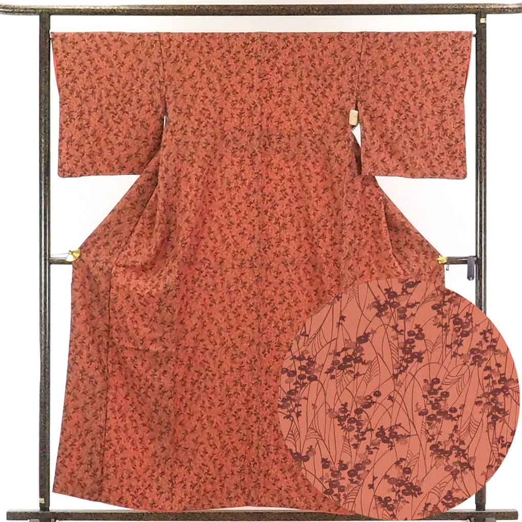 リサイクル着物 小紋正絹茶オレンジ地袷小紋着物 レディース 秋冬春用 シルク ブラウン 裄Lサイズ身丈160cm 裄67cm 前幅24cm 後幅29.5cm 袖丈48cm【ランクA】