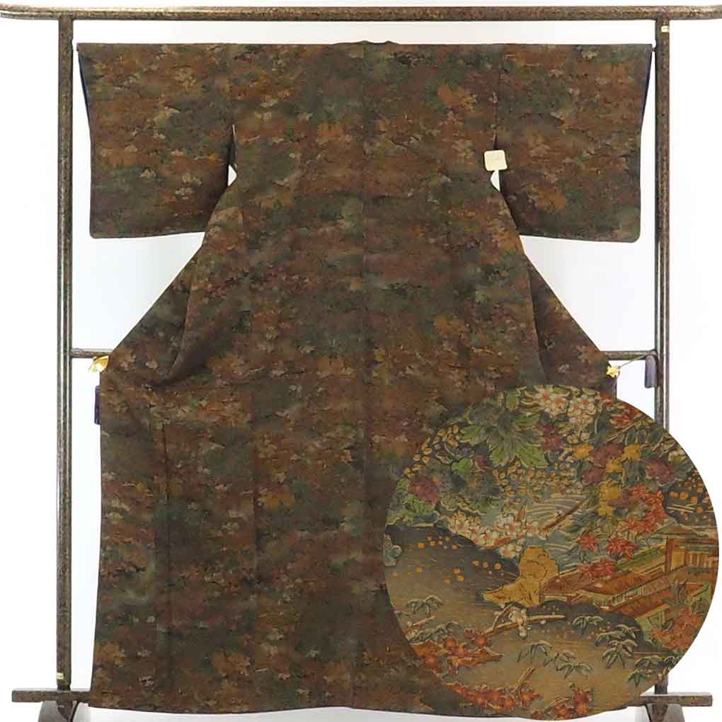 リサイクル着物 小紋正絹茶色地袷小紋着物 レディース 秋冬春用 シルク ブラウン 裄Lサイズ トールサイズ身丈165cm 裄67cm 前幅24cm 後幅27cm 袖丈49cm【ランクA】