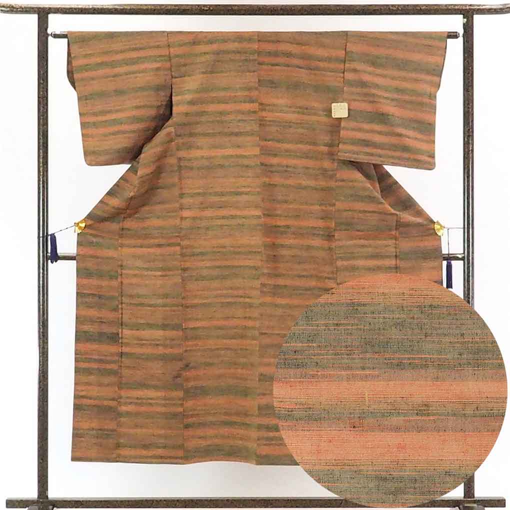 リサイクル着物 紬正絹横段柄単衣紬着物 レディース 初夏・初秋用 シルク ブラウン 裄Sサイズ身丈150cm 裄62cm 前幅22cm 後幅28cm 袖丈49cm【ランクB】