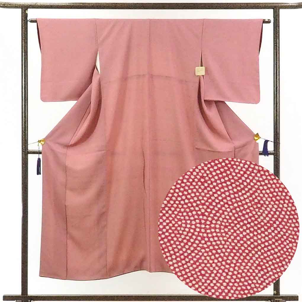リサイクル着物 小紋正絹赤地袷江戸小紋着物 レディース 秋冬春用 シルク レッド 裄Mサイズ身丈149cm 裄63cm 前幅23cm 後幅29cm 袖丈48.5cm【ランクB】
