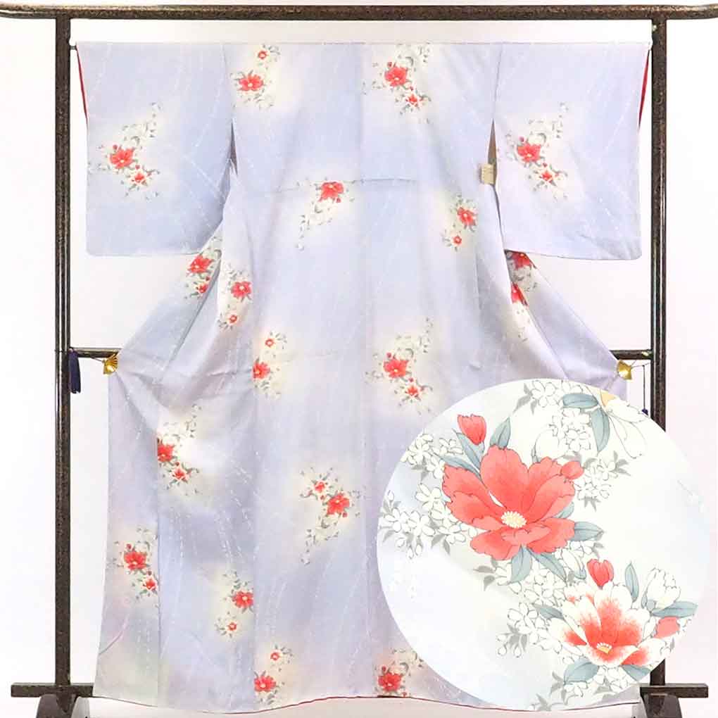 リサイクル着物 小紋正絹薄紫地花柄袷小紋着物 レディース 秋冬春用 シルク パープル 裄Lサイズ トールサイズ身丈165cm 裄67cm 前幅23.5cm 後幅29cm 袖丈52cm【ランクA】