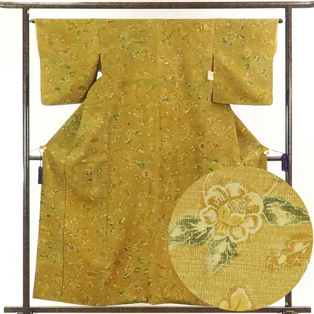 リサイクル着物 小紋正絹茶グリーン地袷小紋着物 レディース 秋冬春用 シルク ブラウン 裄Mサイズ身丈158cm 裄64cm 前幅23.5cm 後幅29cm 袖丈49cm【ランクA】