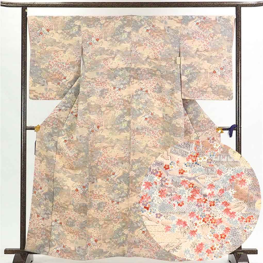 リサイクル着物 小紋正絹ピンク地花柄袷小紋着物 レディース 秋冬春用 シルク ピンク 裄Lサイズ身丈163cm 裄67cm 前幅25cm 後幅29.5cm 袖丈56cm【ランクA】