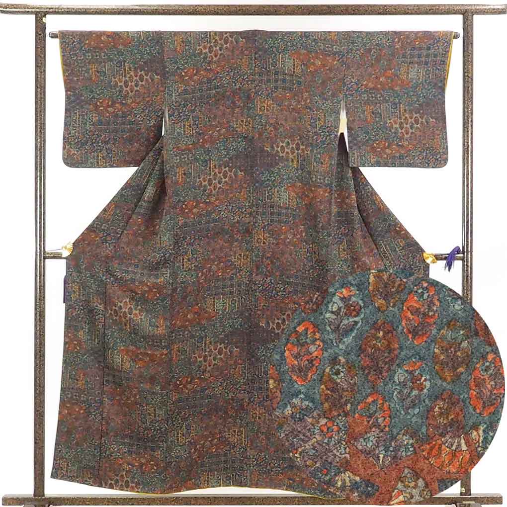 リサイクル着物 小紋正絹更紗調花柄袷小紋着物 レディース 秋冬春用  