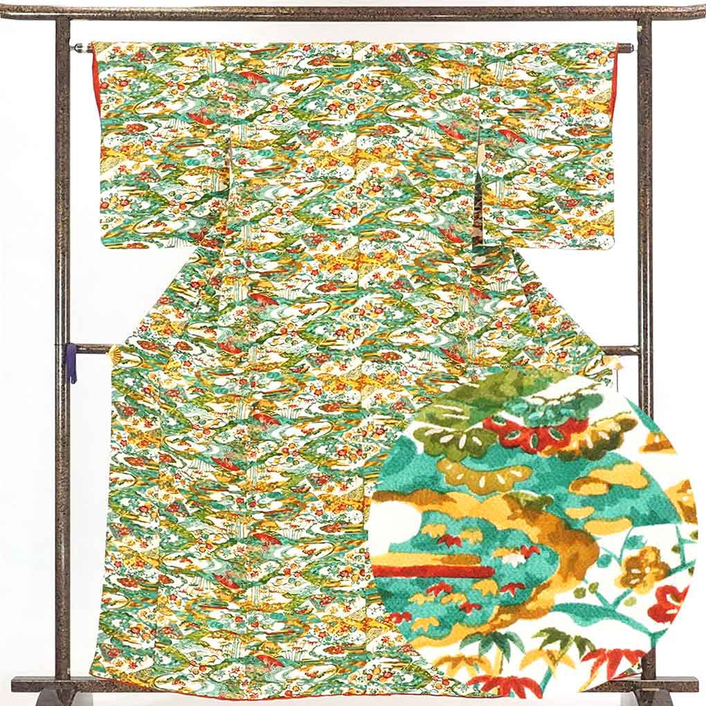 リサイクル 小紋 白地 茶屋辻模様 袷 正絹 着物 レディース 秋冬春用 シルク グリーン 裄Mサイズ身丈162cm 裄63cm 前幅23cm 後幅29.5cm 袖丈51cm【ランクA】