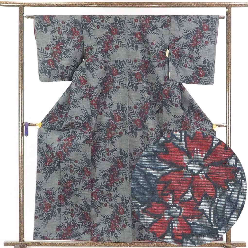 リサイクル 紬 グレー地 後染 花柄 袷 正絹 着物 未使用品 レディース 