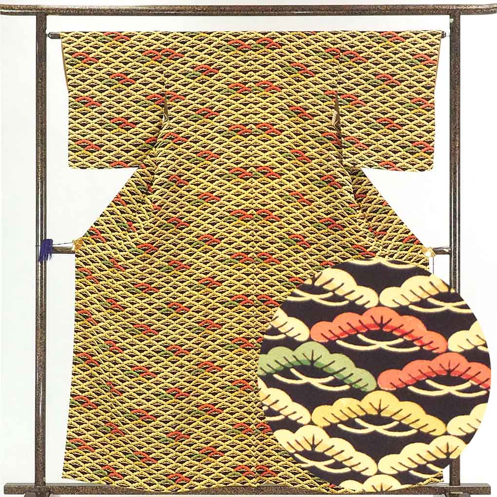 小紋 リサイクル着物 身丈160cm 裄64cm 前幅24cm 後幅30cm 袖丈48cm レディース 袷 裄Mサイズ 秋冬春用 正絹（シルク）茶色 未使用品 中古小紋 リサイクル着物 身丈160cm 裄丈64cm 前幅24cm