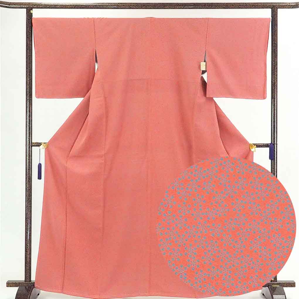 リサイクル 小紋 ピンク地 花柄 袷 正絹 着物 未使用品 レディース 秋冬春用 シルク ピンク 裄Lサイズ身丈167cm 裄68cm 前幅22.5cm 後幅28cm 袖丈49cm【ランクS】