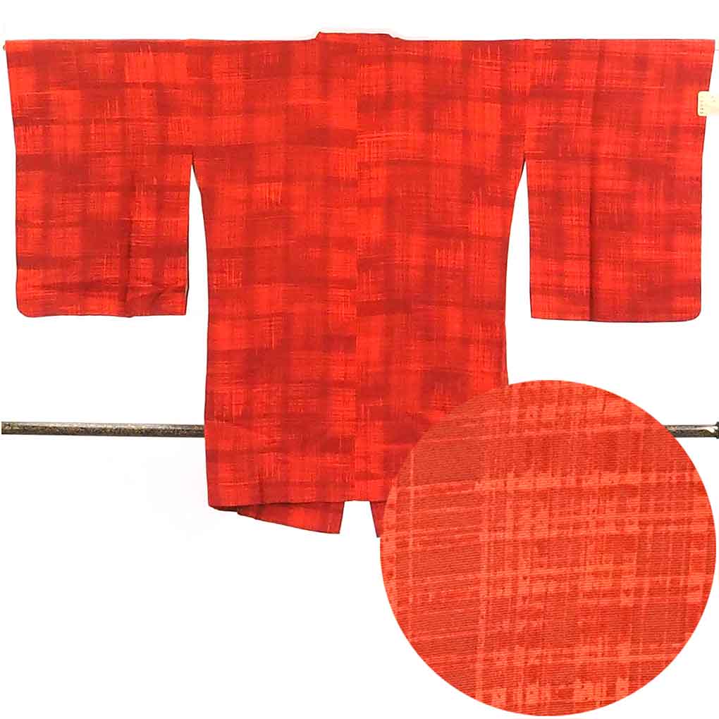 リサイクル 道行コート 朱赤地 袷 正絹 レディース 秋冬春用 シルク オレンジ 裄Mサイズ身丈90cm 裄65cm 袖丈54cm【ランクA】