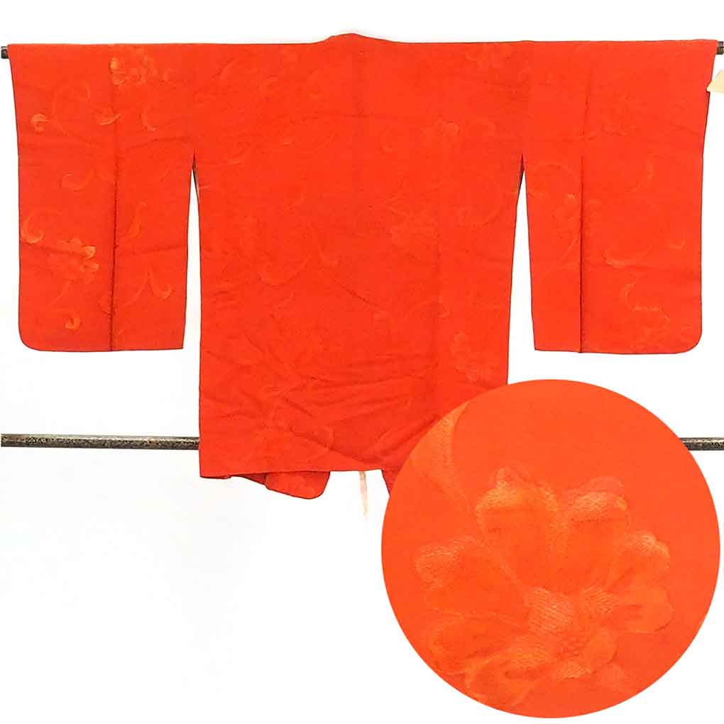 リサイクル 道行コート 朱赤地 地紋起こし 袷 正絹 レディース 秋冬春用 シルク オレンジ 裄Mサイズ身丈82cm 裄65cm 袖丈58cm【ランクA】