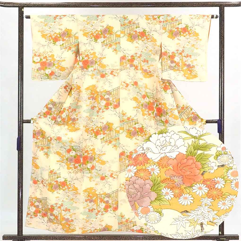 リサイクル 小紋 薄山吹地 花柄 袷 正絹 着物 未使用品 レディース 秋冬春用 シルク イエロー 裄Sサイズ身丈157cm 裄62cm 前幅23.5cm 後幅28cm 袖丈48cm【ランクS】