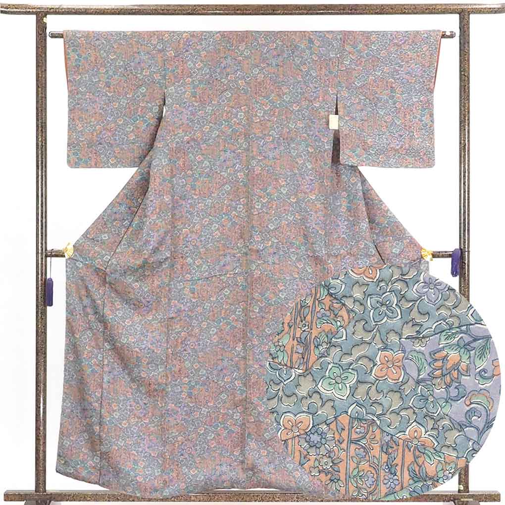 正絹ブルーグレー花柄着物