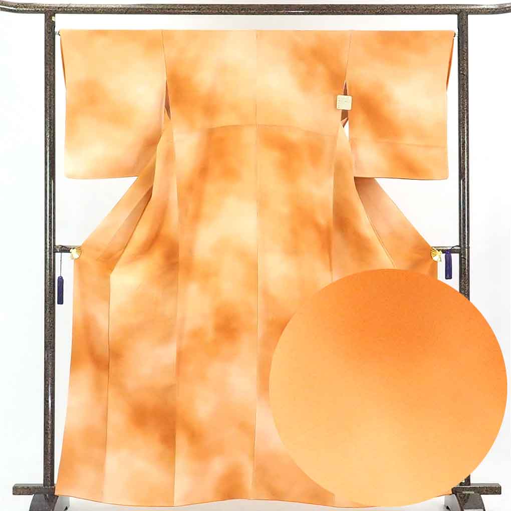 リサイクル 小紋 茶オレンジ地 ぼかし 袷 正絹 着物 レディース 秋冬春用 シルク ブラウン 裄Lサイズ トールサイズ身丈164cm 裄67cm 前幅24.5cm 後幅30cm 袖丈52cm【ランクA】