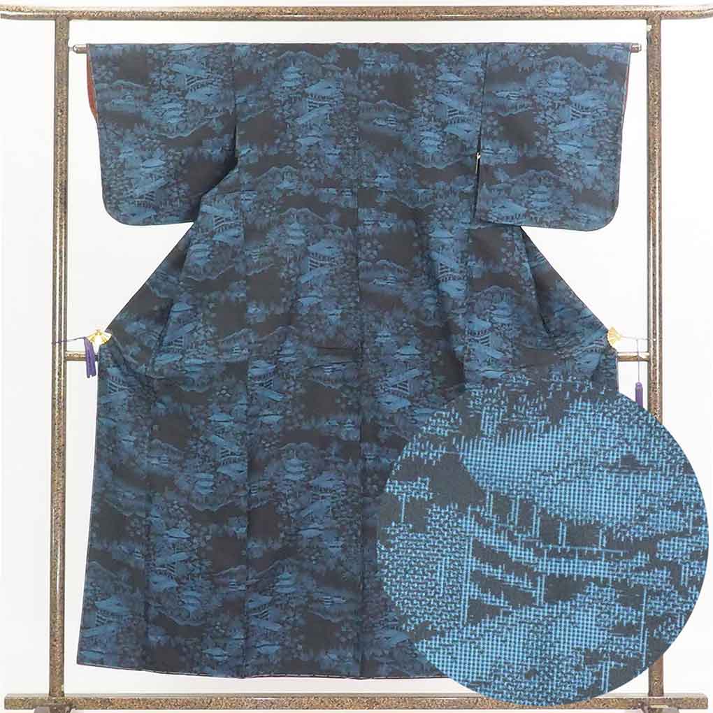 リサイクル 紬 紺地 先染 袷 正絹 着物 未使用品 レディース 秋冬春用 シルク ネイビー 裄Mサイズ身丈157cm 裄64cm 前幅24.5cm 後幅28cm 袖丈48cm【ランクS】