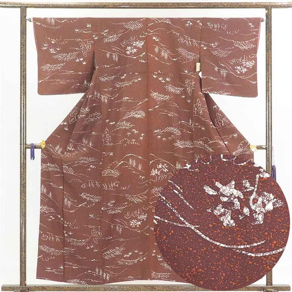 リサイクル 小紋 茶紫地 たたき染 袷 正絹 着物 レディース 秋冬春用 シルク ブラウン 裄Mサイズ身丈157cm 裄64cm 前幅23cm 後幅30cm 袖丈46cm【ランクA】