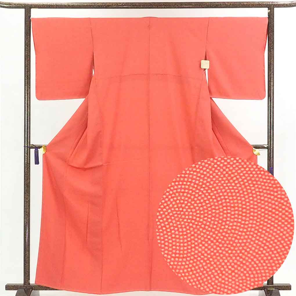 リサイクル 小紋 オレンジ地 鮫小紋 袷 地紙紋 正絹 着物 未使用品 レディース 秋冬春用 シルク オレンジ 裄Lサイズ トールサイズ身丈163cm 裄67cm 前幅23cm 後幅28cm 袖丈49cm【ランクS】