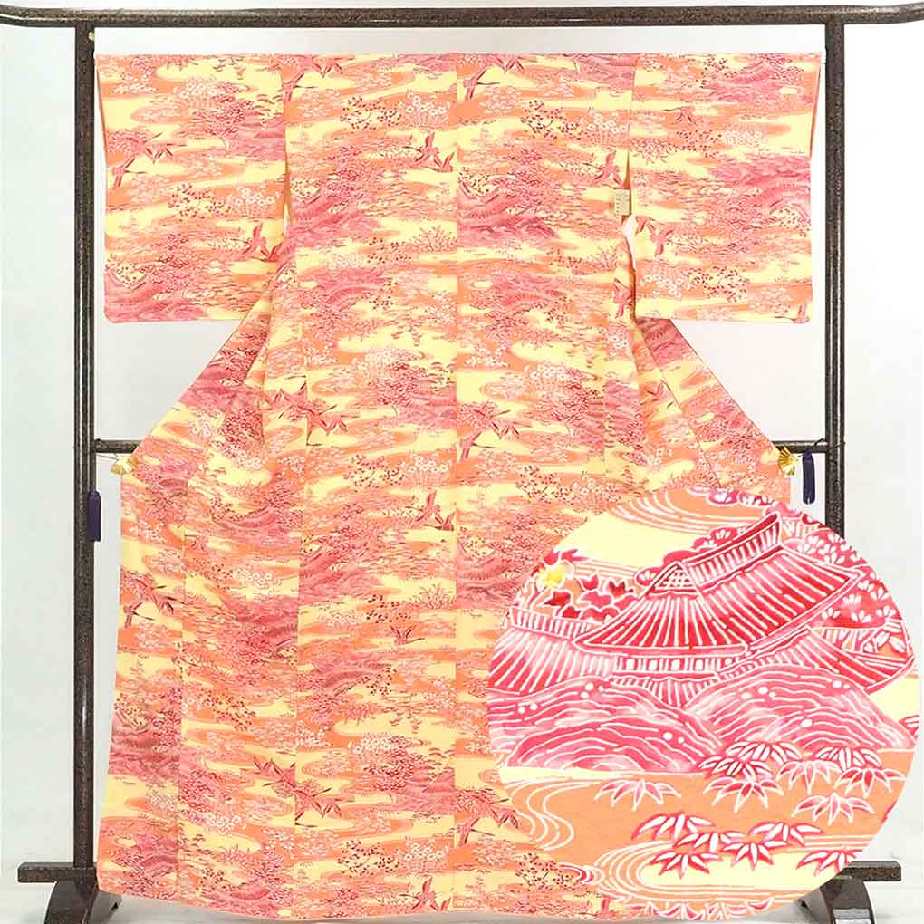 リサイクル 小紋 黄色地 花柄 袷 正絹 着物 レディース 秋冬春用 シルク イエロー 裄Lサイズ トールサイズ身丈168cm 裄67cm 前幅22.5cm 後幅30cm 袖丈52cm【ランクA】