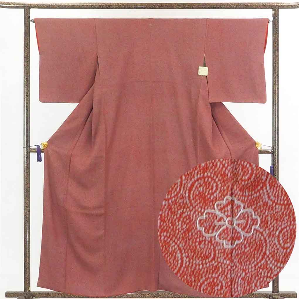 リサイクル 小紋 赤茶地 唐草模様 袷 花菱紋 正絹 着物 リサイクル 小紋 赤茶地 唐草模様 袷 花菱紋 正絹 着物
