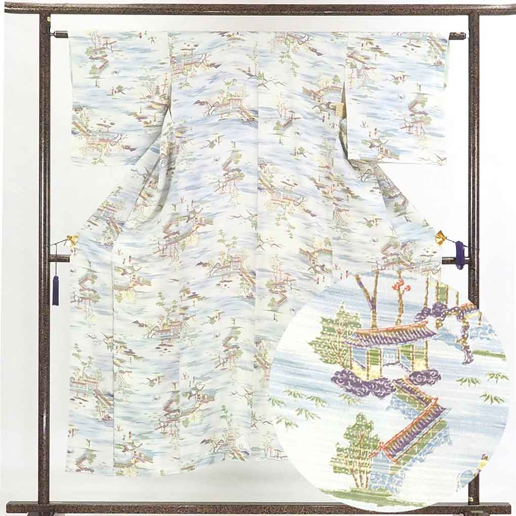 リサイクル 小紋 薄ブルー地 風景画 袷 正絹 着物 レディース 秋冬春用 シルク ブルー 裄Sサイズ身丈149cm 裄62cm 前幅22.5cm 後幅28cm 袖丈45cm【ランクB】