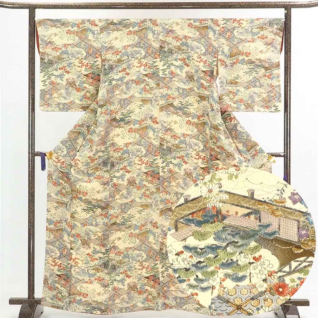 リサイクル 小紋 薄ベージュ地 花柄 袷 正絹 着物 レディース 秋冬春用 シルク ベージュ 裄Lサイズ トールサイズ身丈166cm 裄68cm 前幅22.5cm 後幅30cm 袖丈52cm【ランクA】