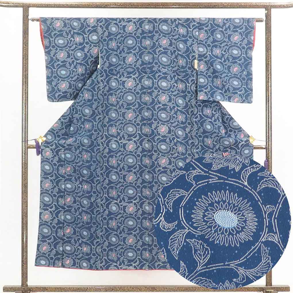 小紋 リサイクル着物 身丈158cm 裄63cm 前幅22cm 後幅28cm 袖丈49cm レディース 袷 花柄 裄Mサイズ 秋冬春用 正絹（シルク）茶色 美品 小紋 着物 身丈158cm 裄63cm 前幅23cm 後幅28cm 袖丈49cm 袷仕立