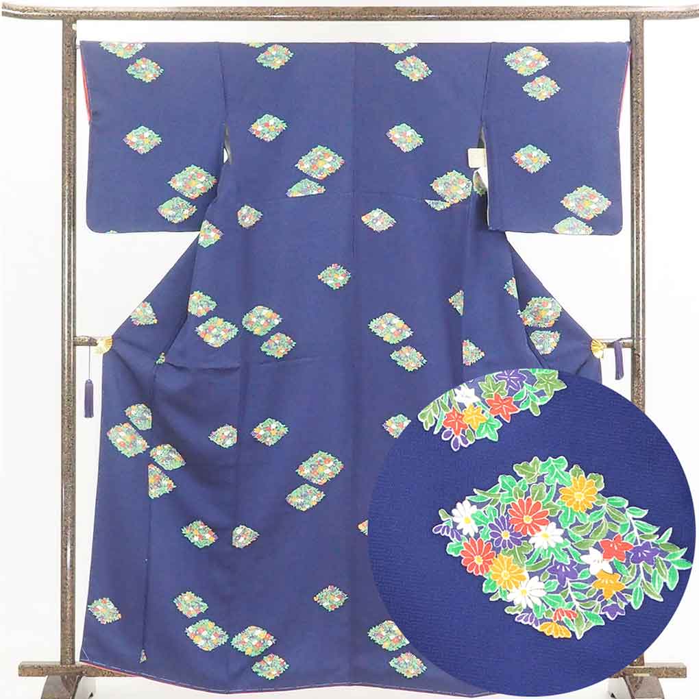 リサイクル 小紋 紺地 花柄 袷 正絹 着物 未使用品 レディース 秋冬春用 シルク ネイビー 裄Lサイズ身丈163cm 裄67cm 前幅22.5cm 後幅30cm 袖丈49cm【ランクS】
