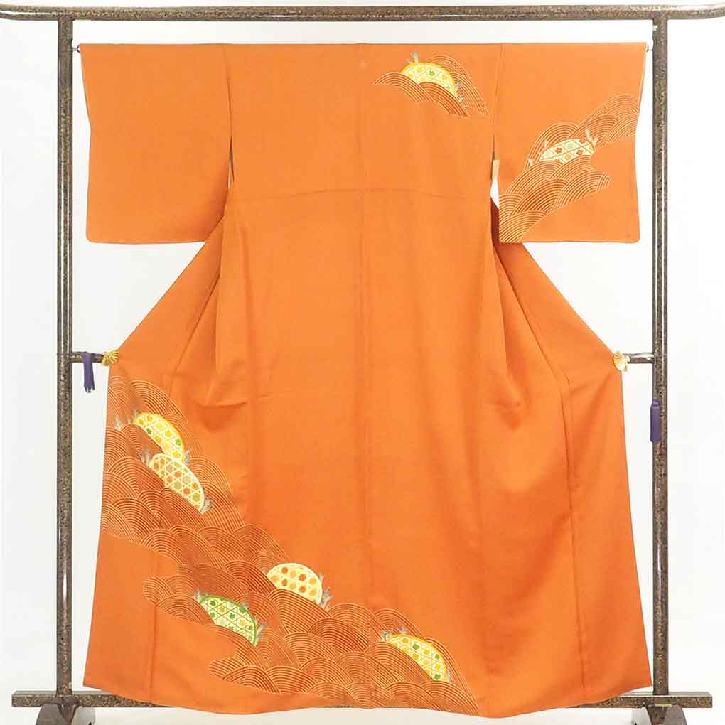正絹 訪問着 蘇州刺繍 茶オレンジ系 袷 澄ん